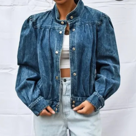 Vintage Retro 80’s Cotton V-Neck Pucker Shoulder V-Neck Snap Denim Jacket (L) - Picture 1 of 16